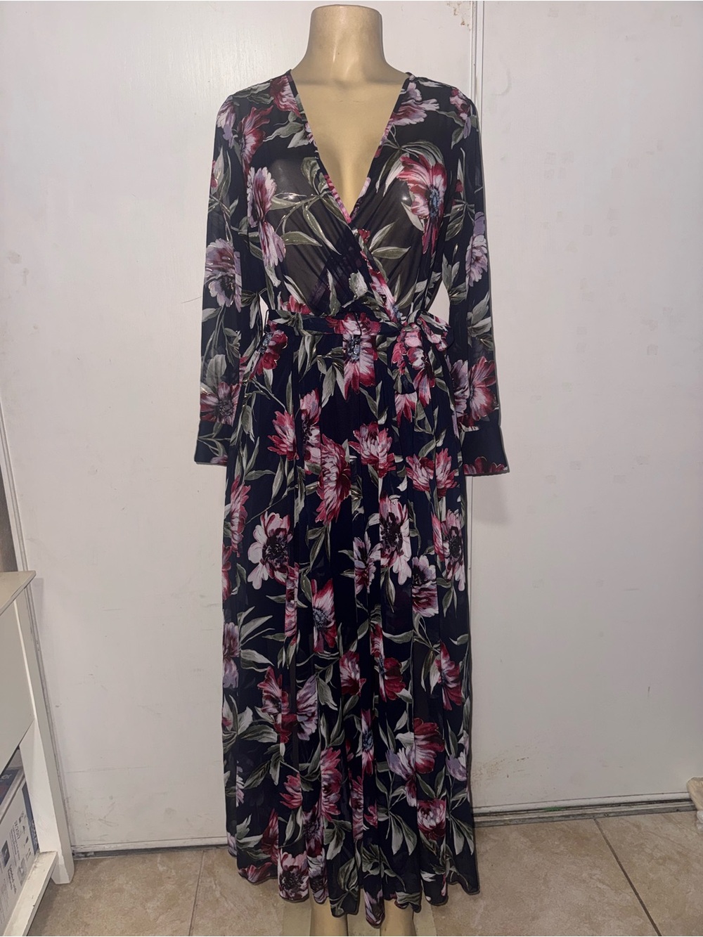 Black Floral Wrap Maxi Dress with Pink Blooms and Tie Waist - Picture 2 of 10